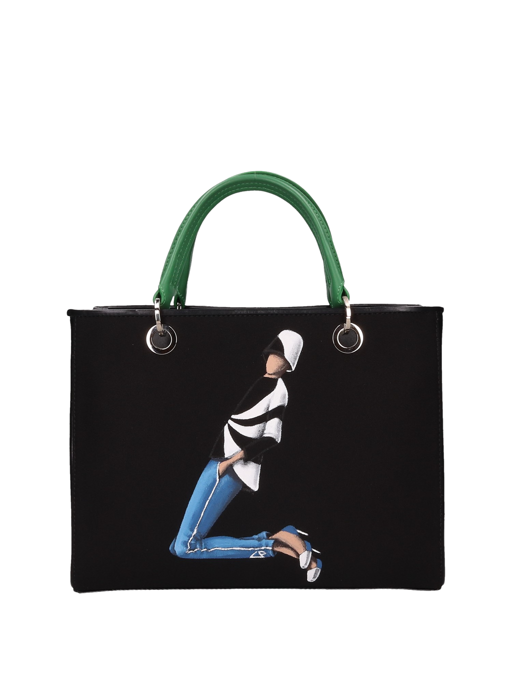 Hand-painted handbag with artwork on both front and back, featuring a red cotton logoed interior with four functional pockets, nickel-colored hooks and internal zip, double green leather handle, and a matching hand-painted leather and canvas shoulder strap reflecting the theme of the main painting, secured with a magnetic button closure.