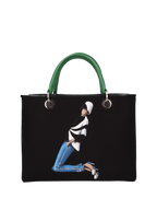 Hand-painted handbag with artwork on both front and back, featuring a red cotton logoed interior with four functional pockets, nickel-colored hooks and internal zip, double green leather handle, and a matching hand-painted leather and canvas shoulder strap reflecting the theme of the main painting, secured with a magnetic button closure.