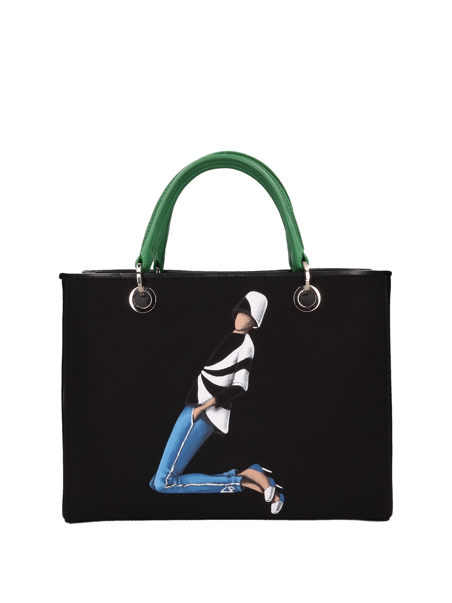 Hand-painted handbag with artwork on both front and back, featuring a red cotton logoed interior with four functional pockets, nickel-colored hooks and internal zip, double green leather handle, and a matching hand-painted leather and canvas shoulder strap reflecting the theme of the main painting, secured with a magnetic button closure.