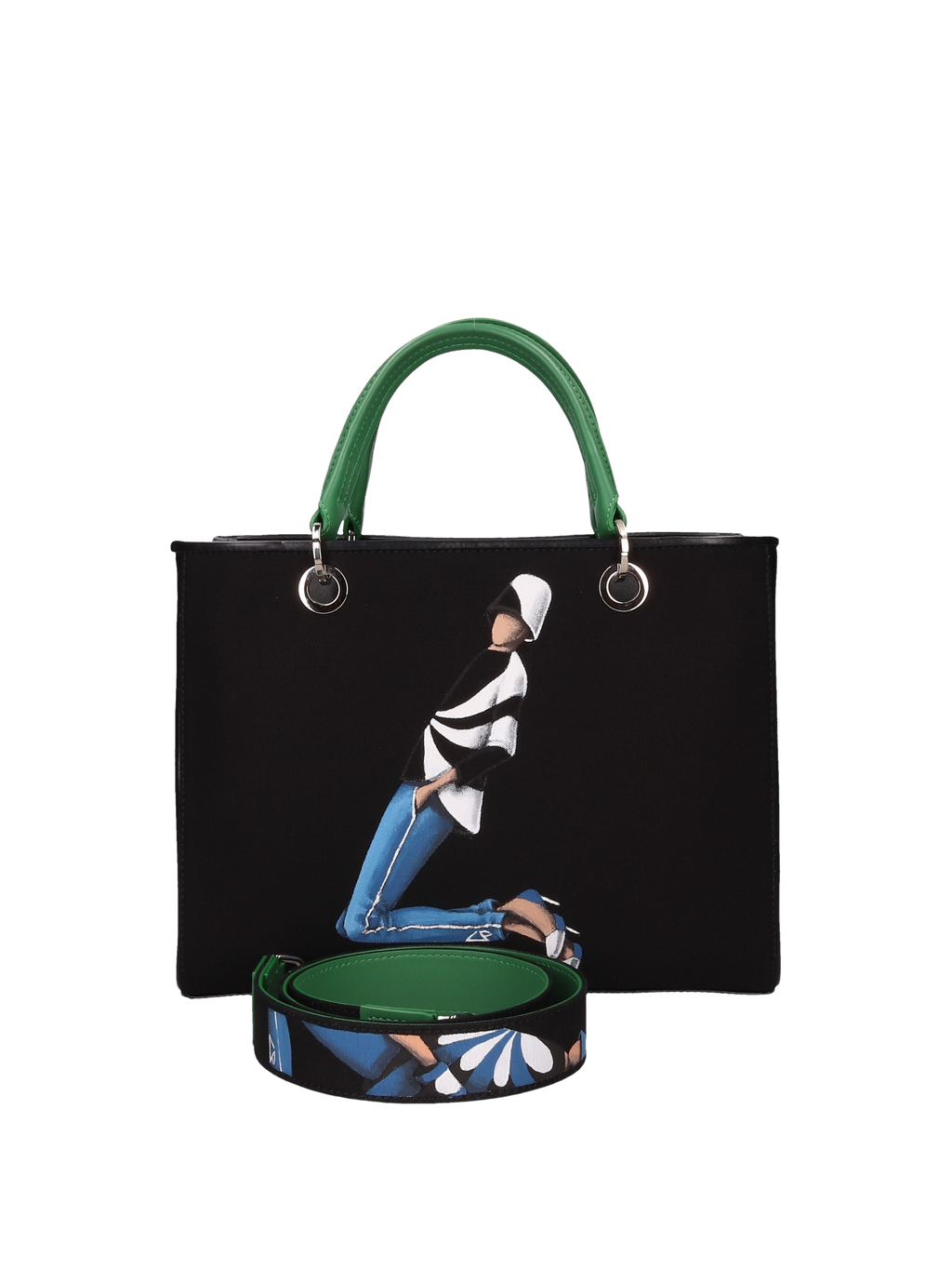 Hand-painted handbag with artwork on both front and back, featuring a red cotton logoed interior with four functional pockets, nickel-colored hooks and internal zip, double green leather handle, and a matching hand-painted leather and canvas shoulder strap reflecting the theme of the main painting, secured with a magnetic button closure.