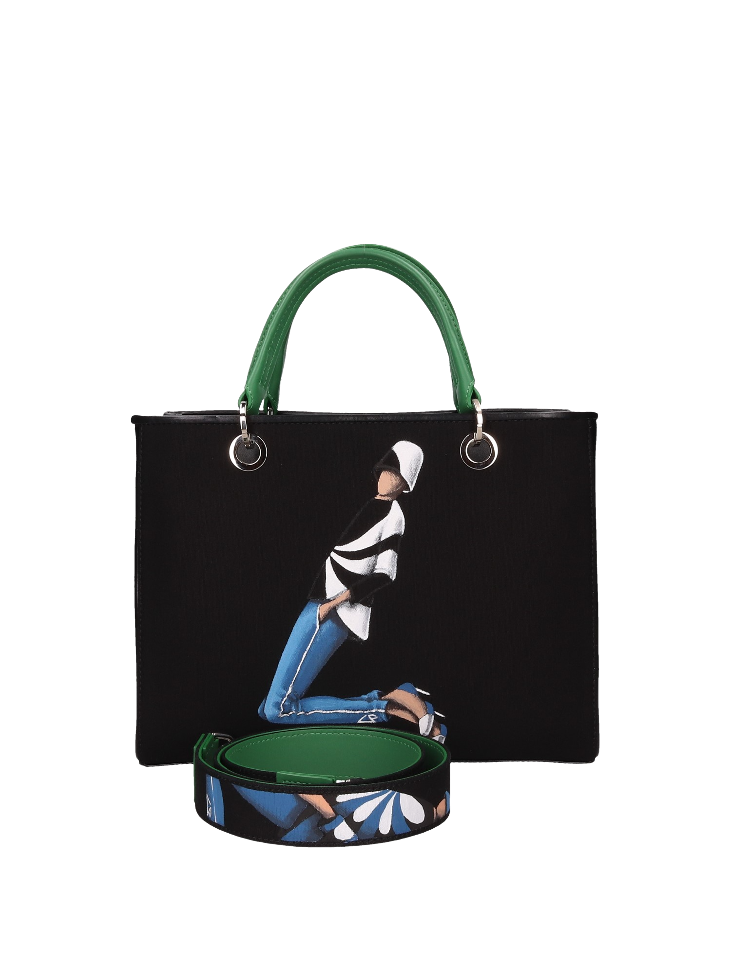 Hand-painted handbag with artwork on both front and back, featuring a red cotton logoed interior with four functional pockets, nickel-colored hooks and internal zip, double green leather handle, and a matching hand-painted leather and canvas shoulder strap reflecting the theme of the main painting, secured with a magnetic button closure.