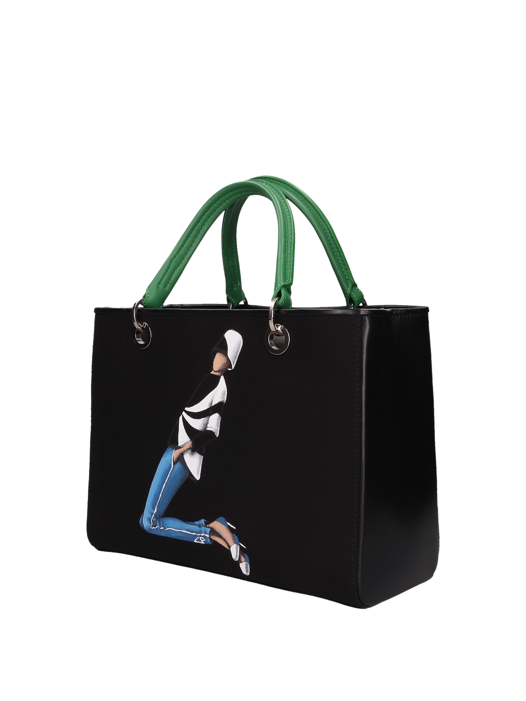 Hand-painted handbag with artwork on both front and back, featuring a red cotton logoed interior with four functional pockets, nickel-colored hooks and internal zip, double green leather handle, and a matching hand-painted leather and canvas shoulder strap reflecting the theme of the main painting, secured with a magnetic button closure.