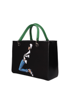 Hand-painted handbag with artwork on both front and back, featuring a red cotton logoed interior with four functional pockets, nickel-colored hooks and internal zip, double green leather handle, and a matching hand-painted leather and canvas shoulder strap reflecting the theme of the main painting, secured with a magnetic button closure.