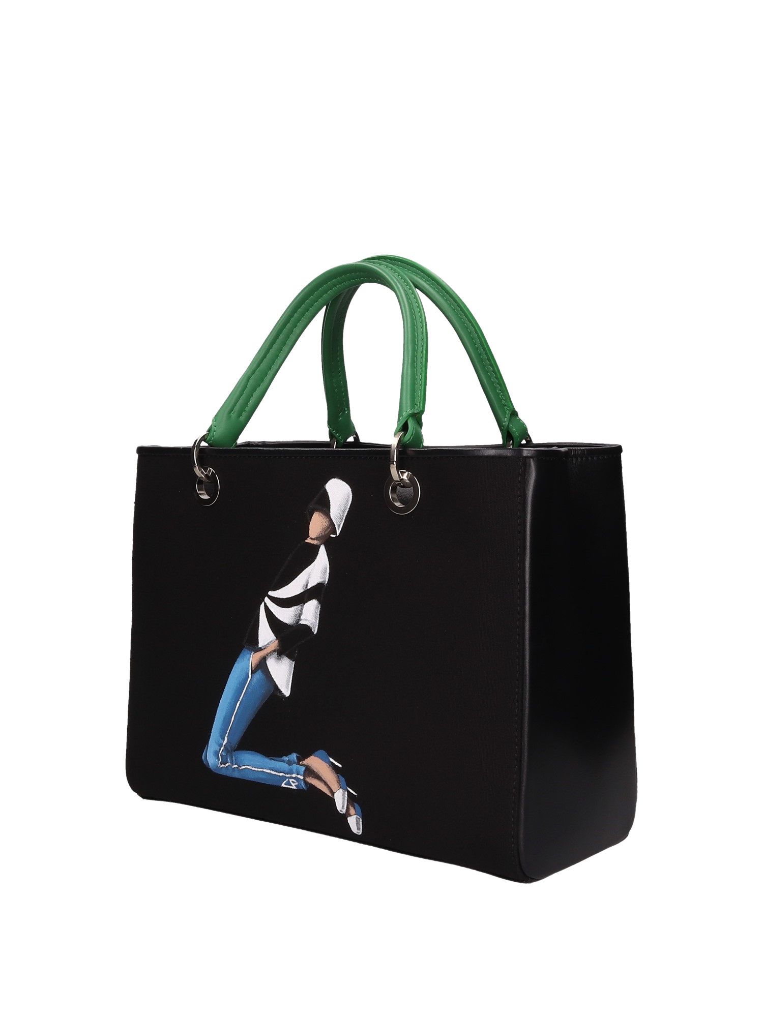 Hand-painted handbag with artwork on both front and back, featuring a red cotton logoed interior with four functional pockets, nickel-colored hooks and internal zip, double green leather handle, and a matching hand-painted leather and canvas shoulder strap reflecting the theme of the main painting, secured with a magnetic button closure.