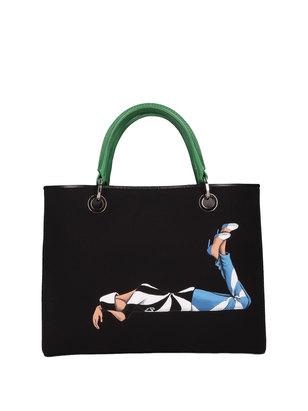 Hand-painted handbag with artwork on both front and back, featuring a red cotton logoed interior with four functional pockets, nickel-colored hooks and internal zip, double green leather handle, and a matching hand-painted leather and canvas shoulder strap reflecting the theme of the main painting, secured with a magnetic button closure.