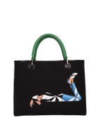 Hand-painted handbag with artwork on both front and back, featuring a red cotton logoed interior with four functional pockets, nickel-colored hooks and internal zip, double green leather handle, and a matching hand-painted leather and canvas shoulder strap reflecting the theme of the main painting, secured with a magnetic button closure.