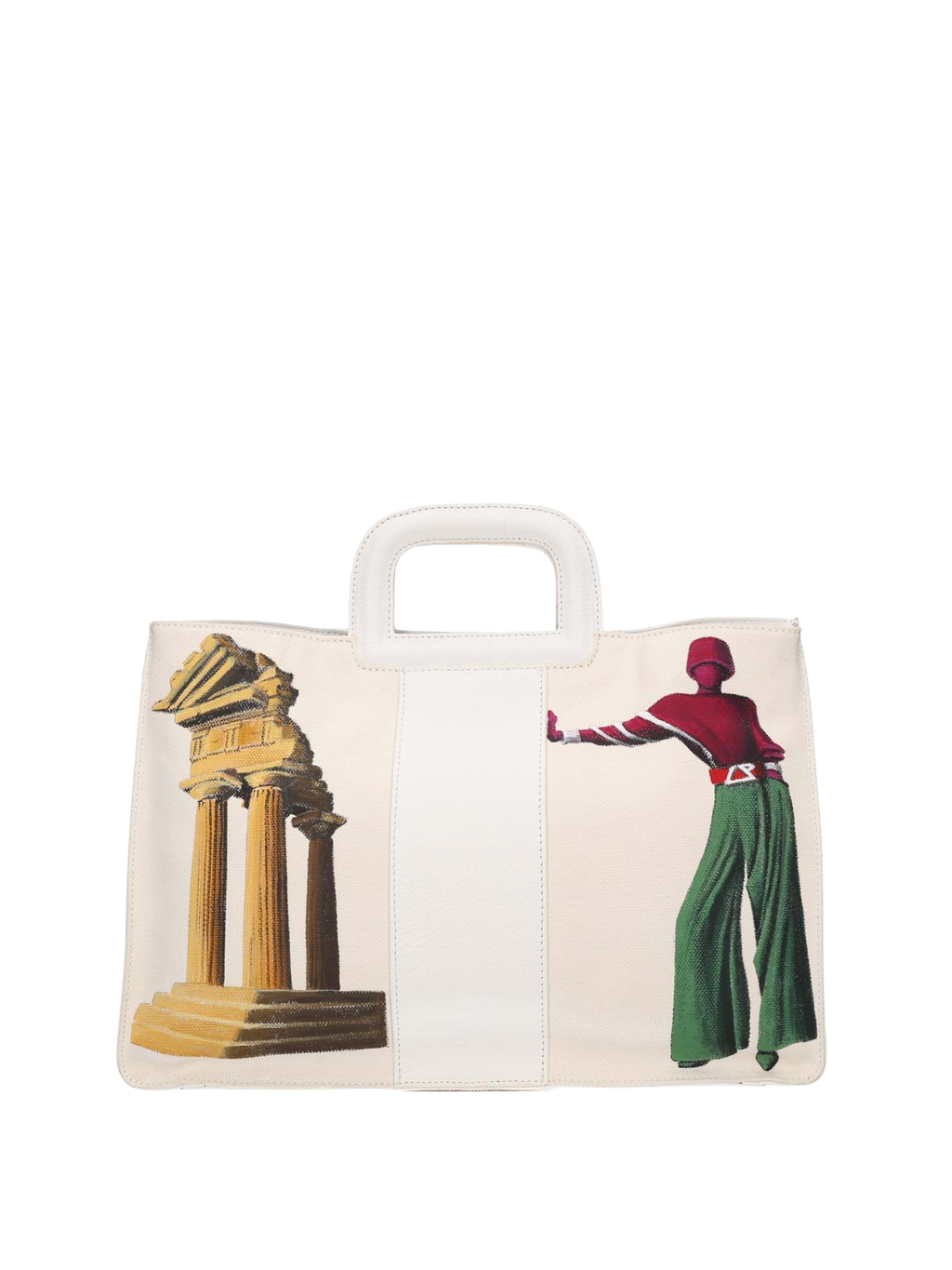 Artistic handbag hand-painted on both front and back, featuring a red cotton logoed interior with three functional pockets, central zip compartment, nickel-colored hardware, white leather handle, and a matching leather and hand-painted canvas shoulder strap echoing the main artwork, secured with double magnetic button closure.