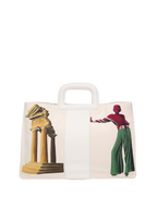 Artistic handbag hand-painted on both front and back, featuring a red cotton logoed interior with three functional pockets, central zip compartment, nickel-colored hardware, white leather handle, and a matching leather and hand-painted canvas shoulder strap echoing the main artwork, secured with double magnetic button closure.