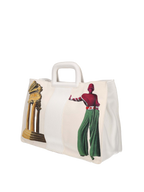 Artistic handbag hand-painted on both front and back, featuring a red cotton logoed interior with three functional pockets, central zip compartment, nickel-colored hardware, white leather handle, and a matching leather and hand-painted canvas shoulder strap echoing the main artwork, secured with double magnetic button closure.