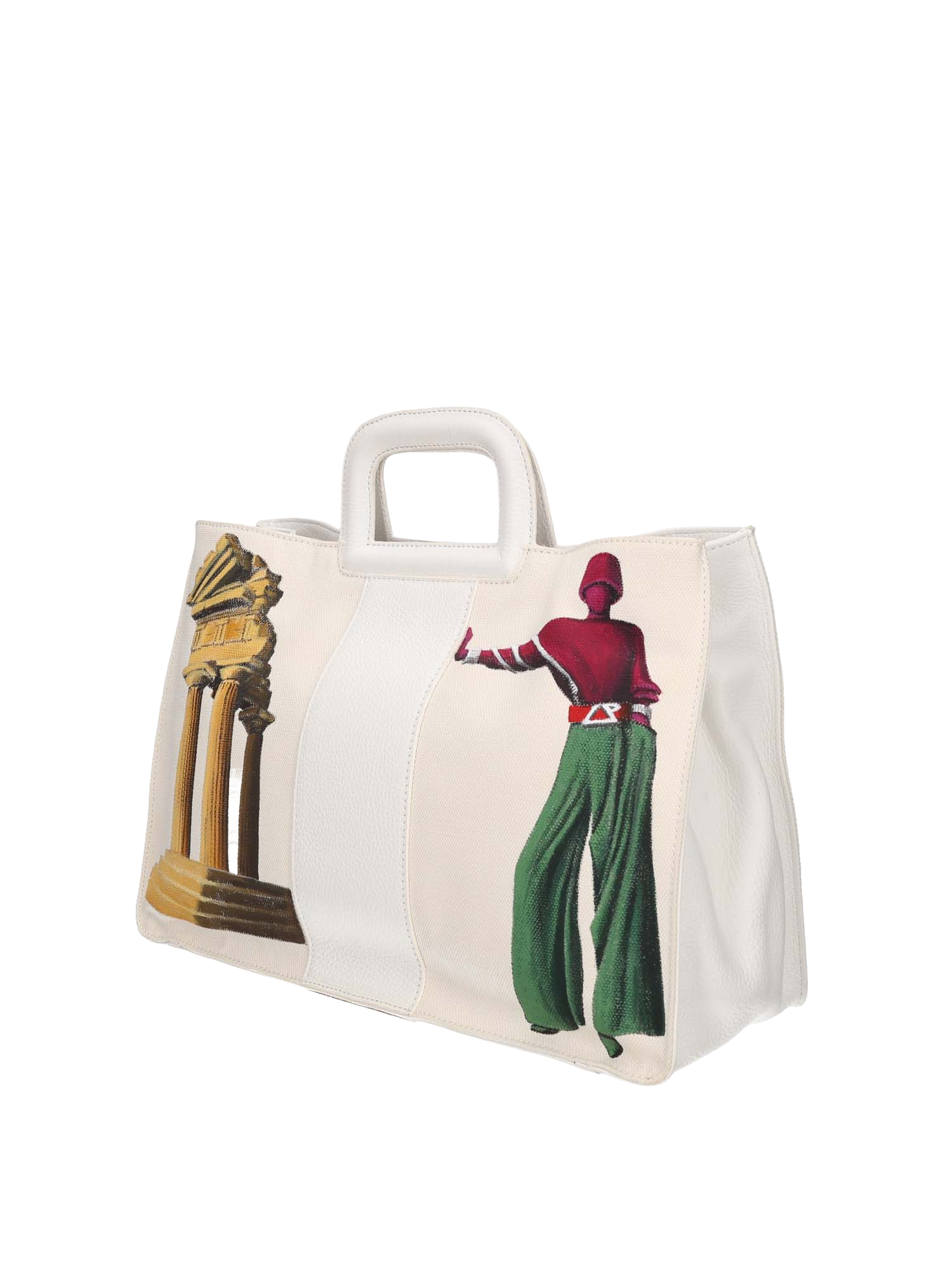 Artistic handbag hand-painted on both front and back, featuring a red cotton logoed interior with three functional pockets, central zip compartment, nickel-colored hardware, white leather handle, and a matching leather and hand-painted canvas shoulder strap echoing the main artwork, secured with double magnetic button closure.