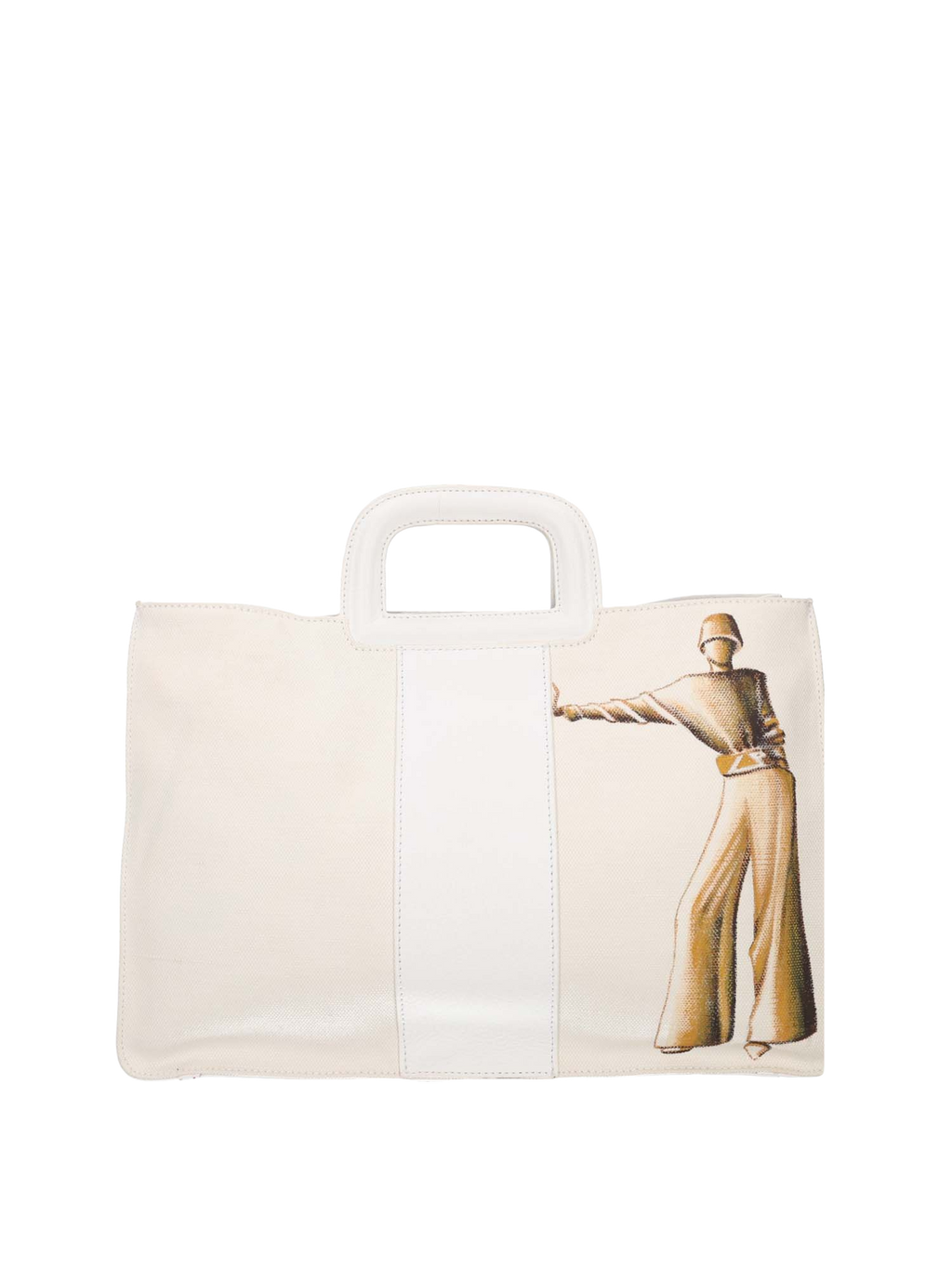 Artistic handbag hand-painted on both front and back, featuring a red cotton logoed interior with three functional pockets, central zip compartment, nickel-colored hardware, white leather handle, and a matching leather and hand-painted canvas shoulder strap echoing the main artwork, secured with double magnetic button closure.