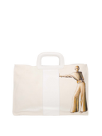 Artistic handbag hand-painted on both front and back, featuring a red cotton logoed interior with three functional pockets, central zip compartment, nickel-colored hardware, white leather handle, and a matching leather and hand-painted canvas shoulder strap echoing the main artwork, secured with double magnetic button closure.