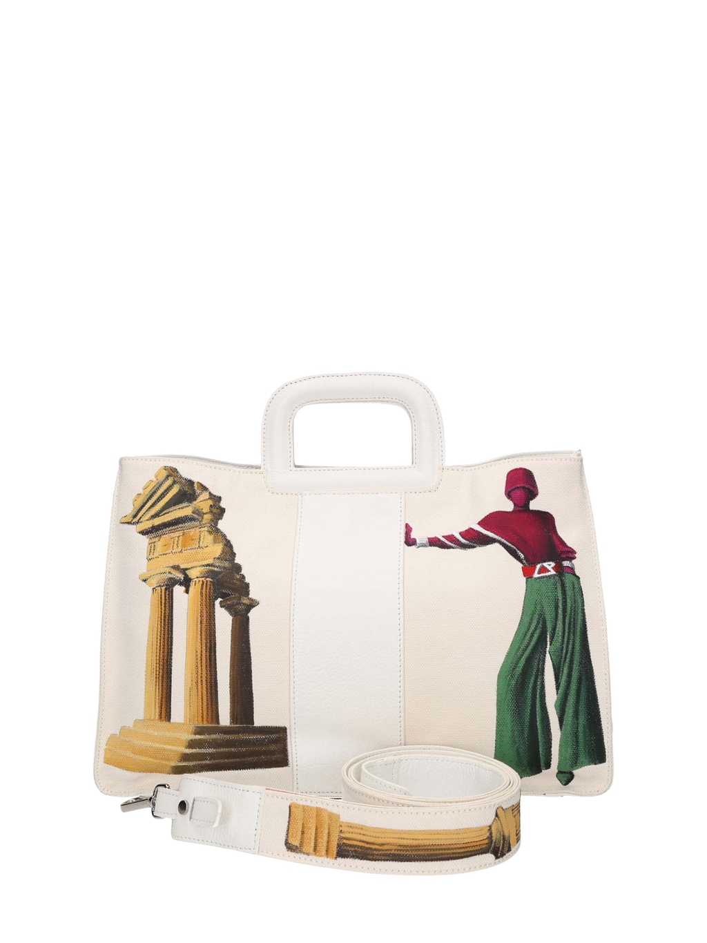 Artistic handbag hand-painted on both front and back, featuring a red cotton logoed interior with three functional pockets, central zip compartment, nickel-colored hardware, white leather handle, and a matching leather and hand-painted canvas shoulder strap echoing the main artwork, secured with double magnetic button closure.
