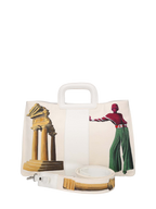 Artistic handbag hand-painted on both front and back, featuring a red cotton logoed interior with three functional pockets, central zip compartment, nickel-colored hardware, white leather handle, and a matching leather and hand-painted canvas shoulder strap echoing the main artwork, secured with double magnetic button closure.