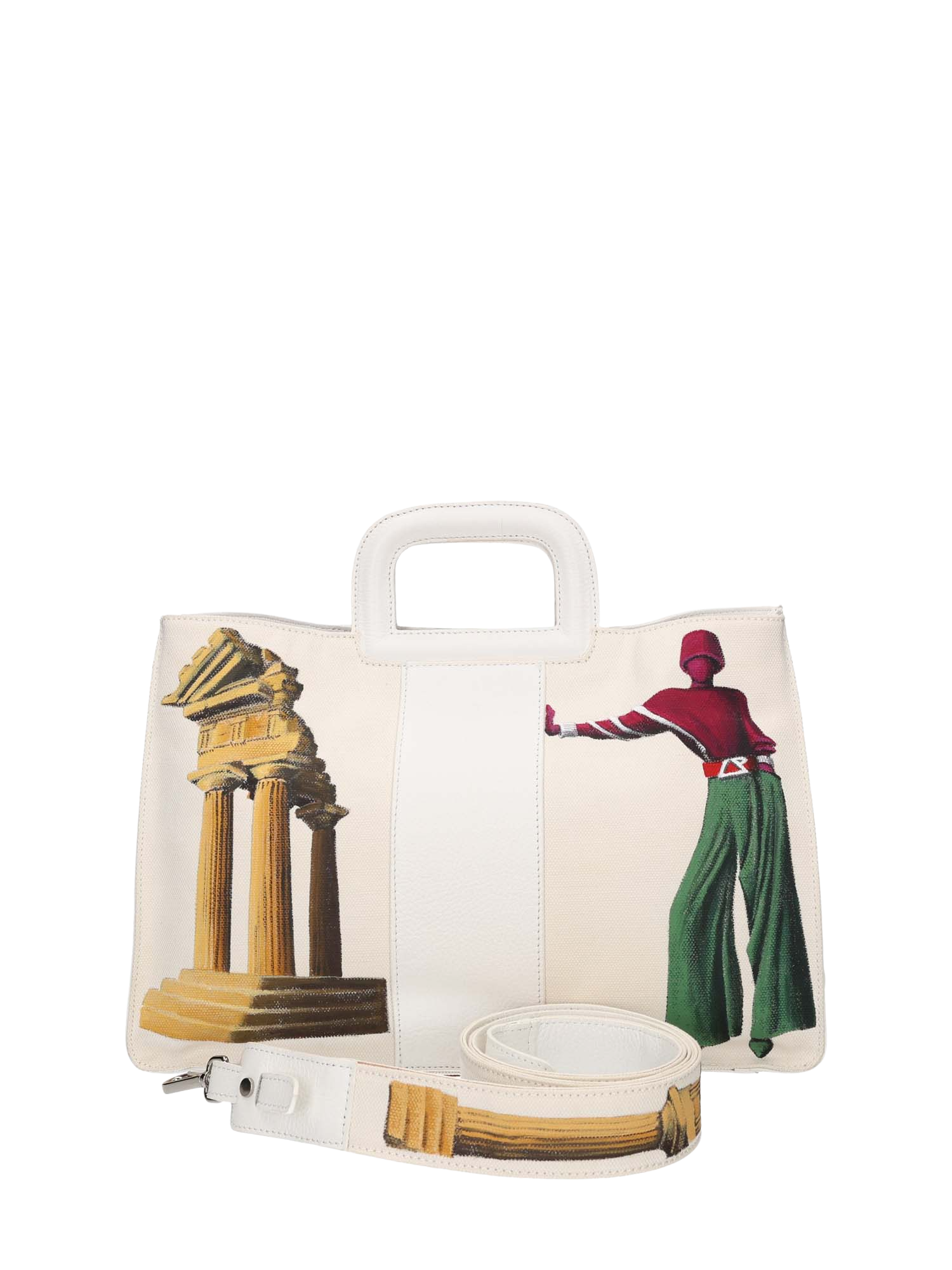 Artistic handbag hand-painted on both front and back, featuring a red cotton logoed interior with three functional pockets, central zip compartment, nickel-colored hardware, white leather handle, and a matching leather and hand-painted canvas shoulder strap echoing the main artwork, secured with double magnetic button closure.