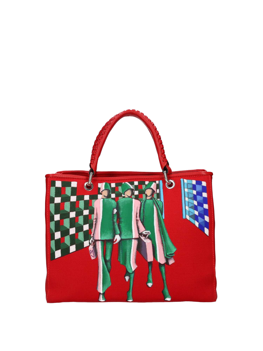 The interior with logo and lined in red cotton offers three functional pockets. The bag is painted on the front and back. Accessories: nickel-colored hooks, buttons and zippers, red leather woven handle, red leather shoulder strap.
Double magnetic button closure.
Central internal division with zip closure.