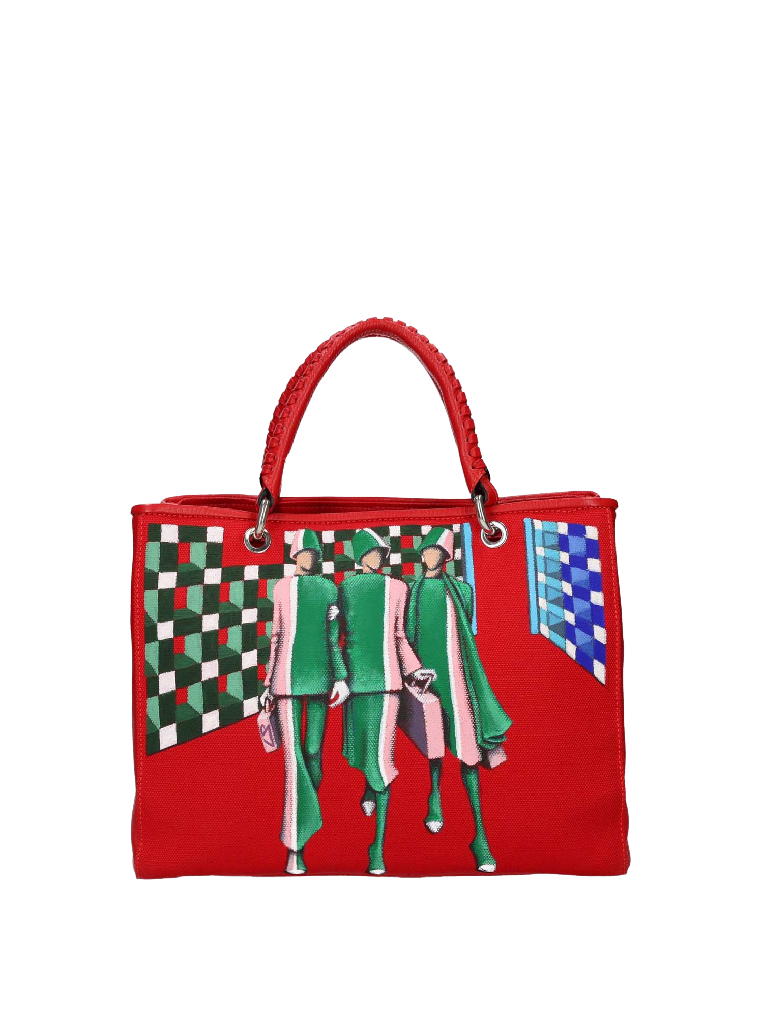 The interior with logo and lined in red cotton offers three functional pockets. The bag is painted on the front and back. Accessories: nickel-colored hooks, buttons and zippers, red leather woven handle, red leather shoulder strap.
Double magnetic button closure.
Central internal division with zip closure.