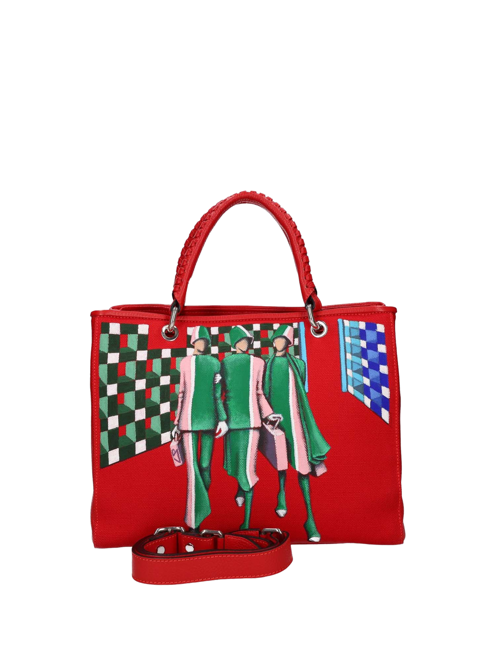 The interior with logo and lined in red cotton offers three functional pockets. The bag is painted on the front and back. Accessories: nickel-colored hooks, buttons and zippers, red leather woven handle, red leather shoulder strap.
Double magnetic button closure.
Central internal division with zip closure.