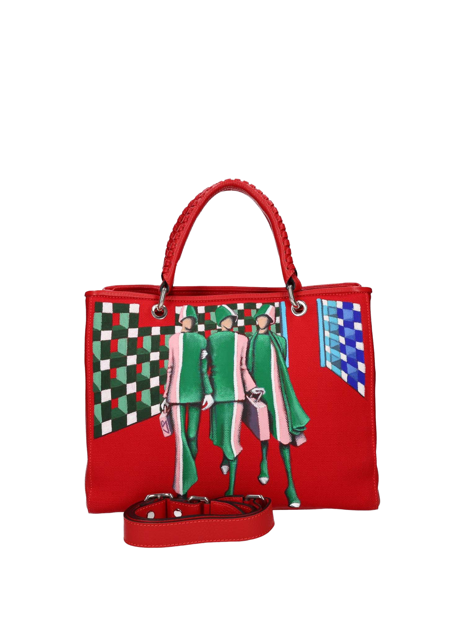 The interior with logo and lined in red cotton offers three functional pockets. The bag is painted on the front and back. Accessories: nickel-colored hooks, buttons and zippers, red leather woven handle, red leather shoulder strap.
Double magnetic button closure.
Central internal division with zip closure.
