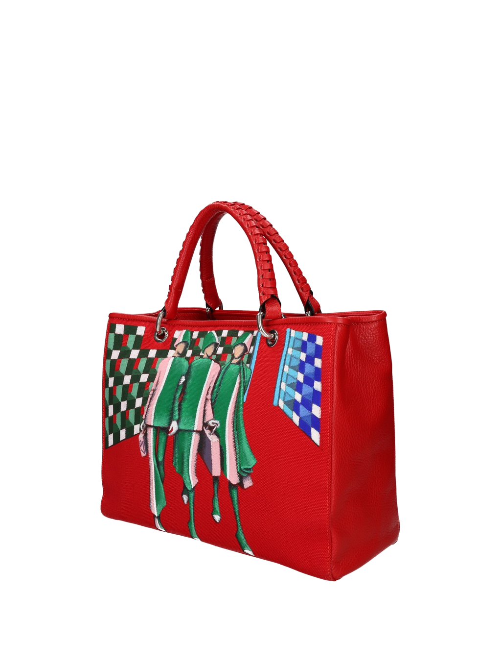 The interior with logo and lined in red cotton offers three functional pockets. The bag is painted on the front and back. Accessories: nickel-colored hooks, buttons and zippers, red leather woven handle, red leather shoulder strap.
Double magnetic button closure.
Central internal division with zip closure.
