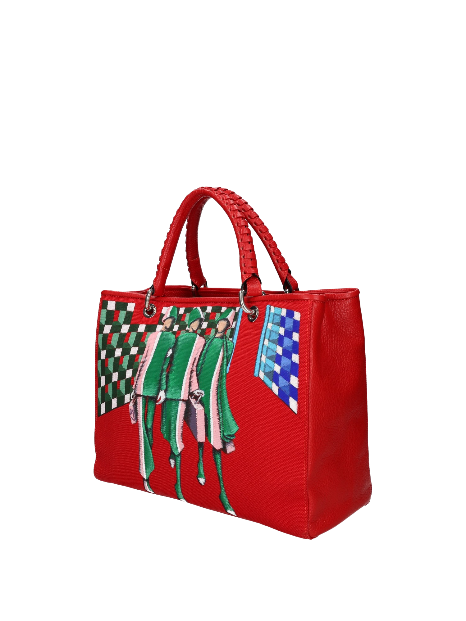The interior with logo and lined in red cotton offers three functional pockets. The bag is painted on the front and back. Accessories: nickel-colored hooks, buttons and zippers, red leather woven handle, red leather shoulder strap.
Double magnetic button closure.
Central internal division with zip closure.