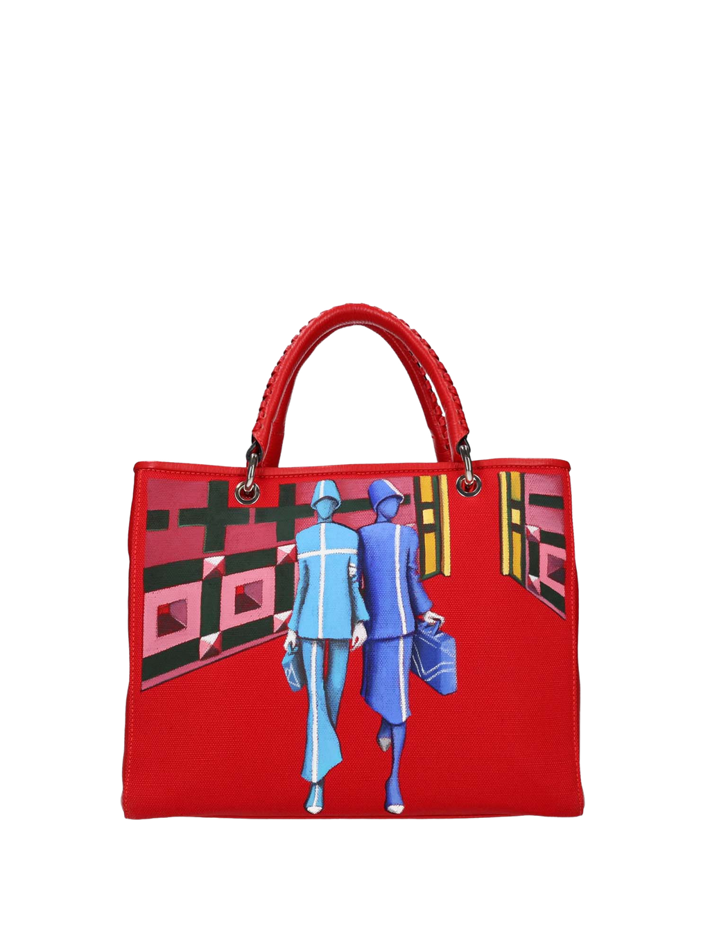 The interior with logo and lined in red cotton offers three functional pockets. The bag is painted on the front and back. Accessories: nickel-colored hooks, buttons and zippers, red leather woven handle, red leather shoulder strap.
Double magnetic button closure.
Central internal division with zip closure.