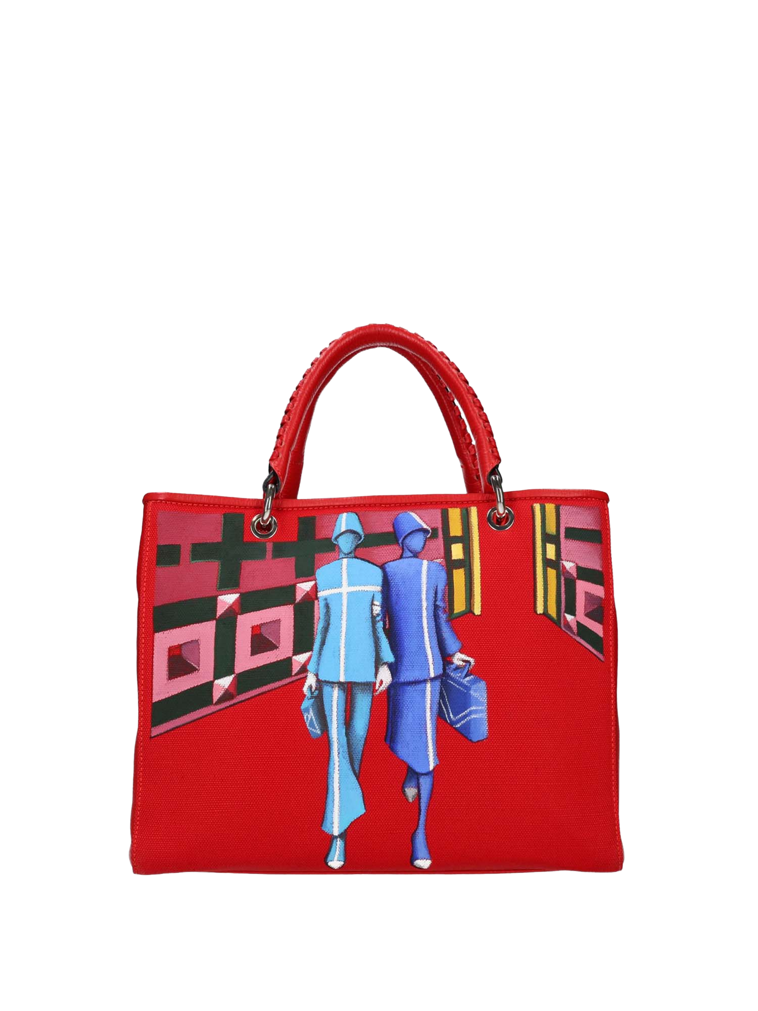 The interior with logo and lined in red cotton offers three functional pockets. The bag is painted on the front and back. Accessories: nickel-colored hooks, buttons and zippers, red leather woven handle, red leather shoulder strap.
Double magnetic button closure.
Central internal division with zip closure.