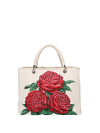 Hand-painted handbag with artwork on both front and back, burgundy cotton logoed interior with three functional pockets, central zip compartment, nickel-colored hardware, rope-colored woven leather handle and matching shoulder strap, secured with double magnetic button closure.
