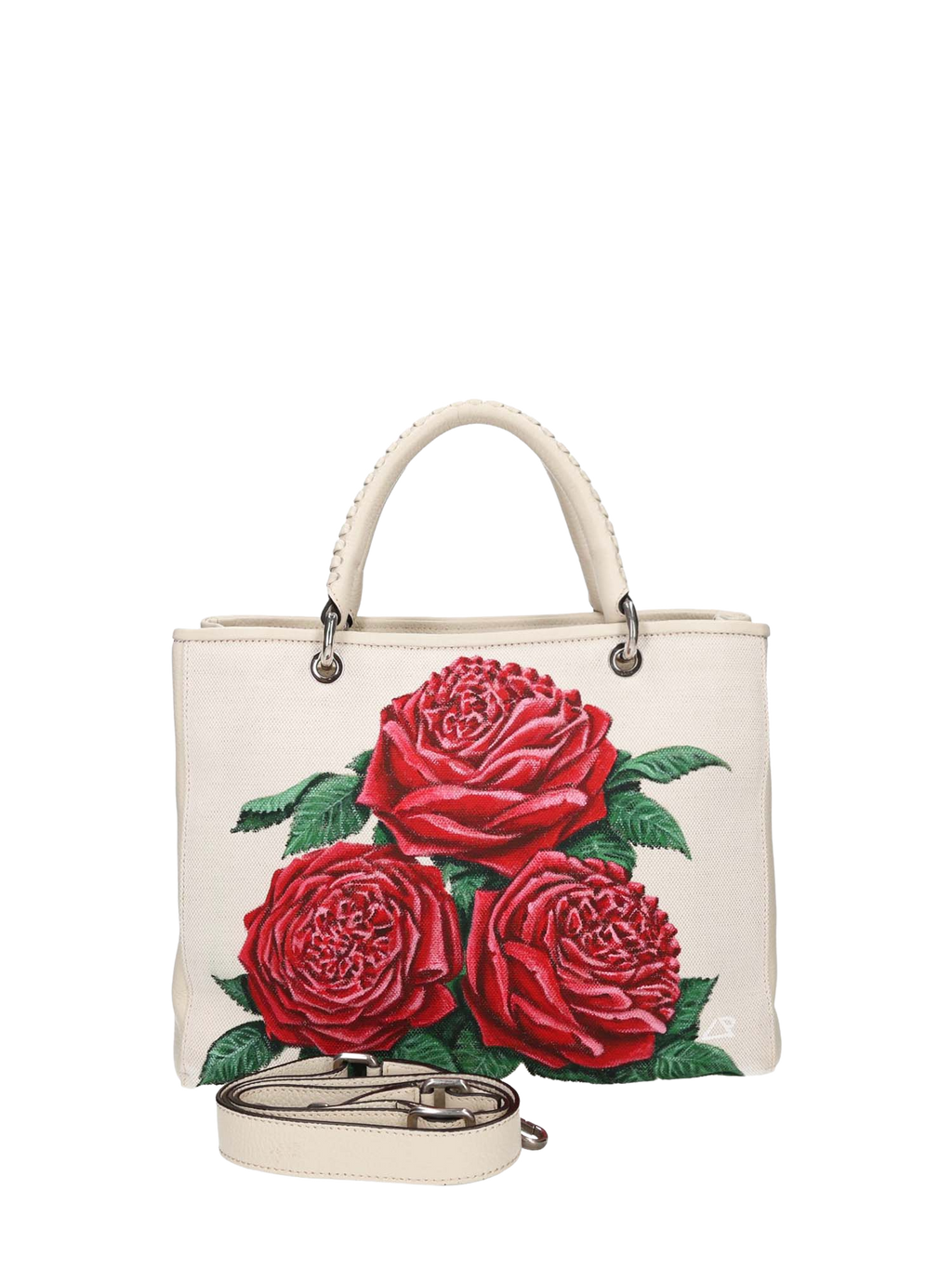 Hand-painted handbag with artwork on both front and back, burgundy cotton logoed interior with three functional pockets, central zip compartment, nickel-colored hardware, rope-colored woven leather handle and matching shoulder strap, secured with double magnetic button closure.
