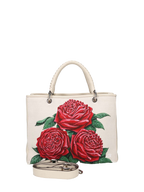 Hand-painted handbag with artwork on both front and back, burgundy cotton logoed interior with three functional pockets, central zip compartment, nickel-colored hardware, rope-colored woven leather handle and matching shoulder strap, secured with double magnetic button closure.