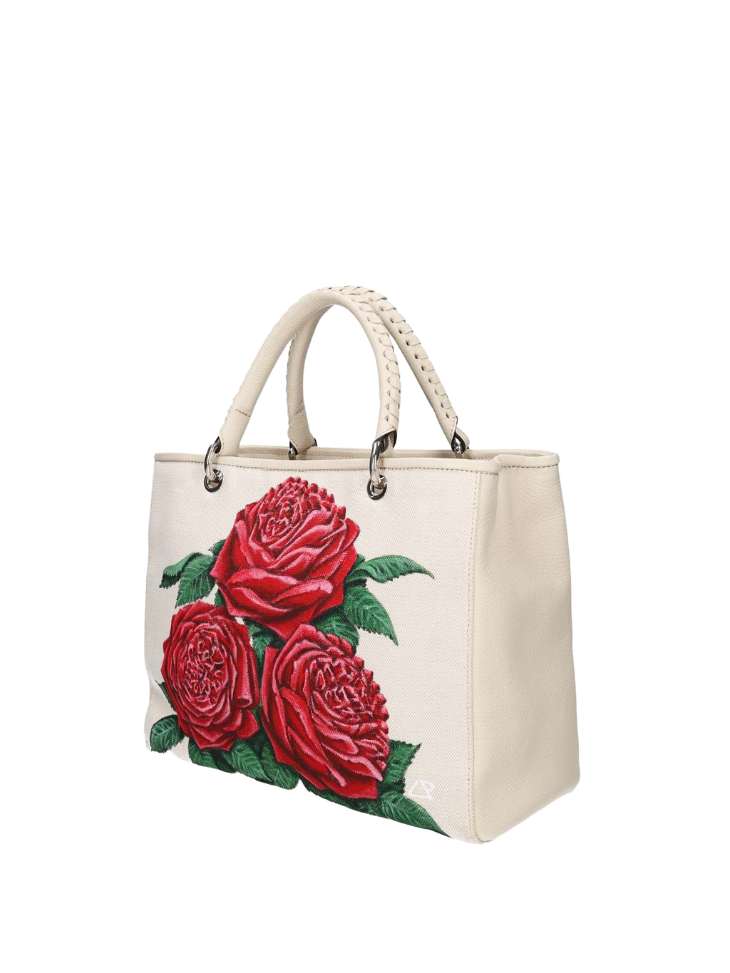 Hand-painted handbag with artwork on both front and back, burgundy cotton logoed interior with three functional pockets, central zip compartment, nickel-colored hardware, rope-colored woven leather handle and matching shoulder strap, secured with double magnetic button closure.
