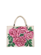 Hand-painted handbag with artwork on both front and back, burgundy cotton logoed interior with three functional pockets, central zip compartment, nickel-colored hardware, rope-colored woven leather handle and matching shoulder strap, secured with double magnetic button closure.