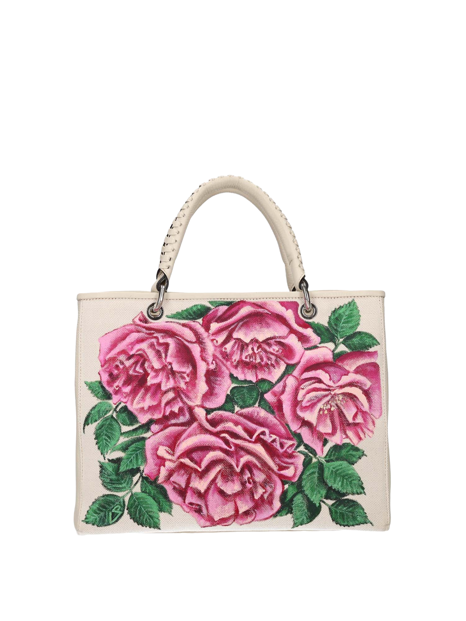 Hand-painted handbag with artwork on both front and back, burgundy cotton logoed interior with three functional pockets, central zip compartment, nickel-colored hardware, rope-colored woven leather handle and matching shoulder strap, secured with double magnetic button closure.