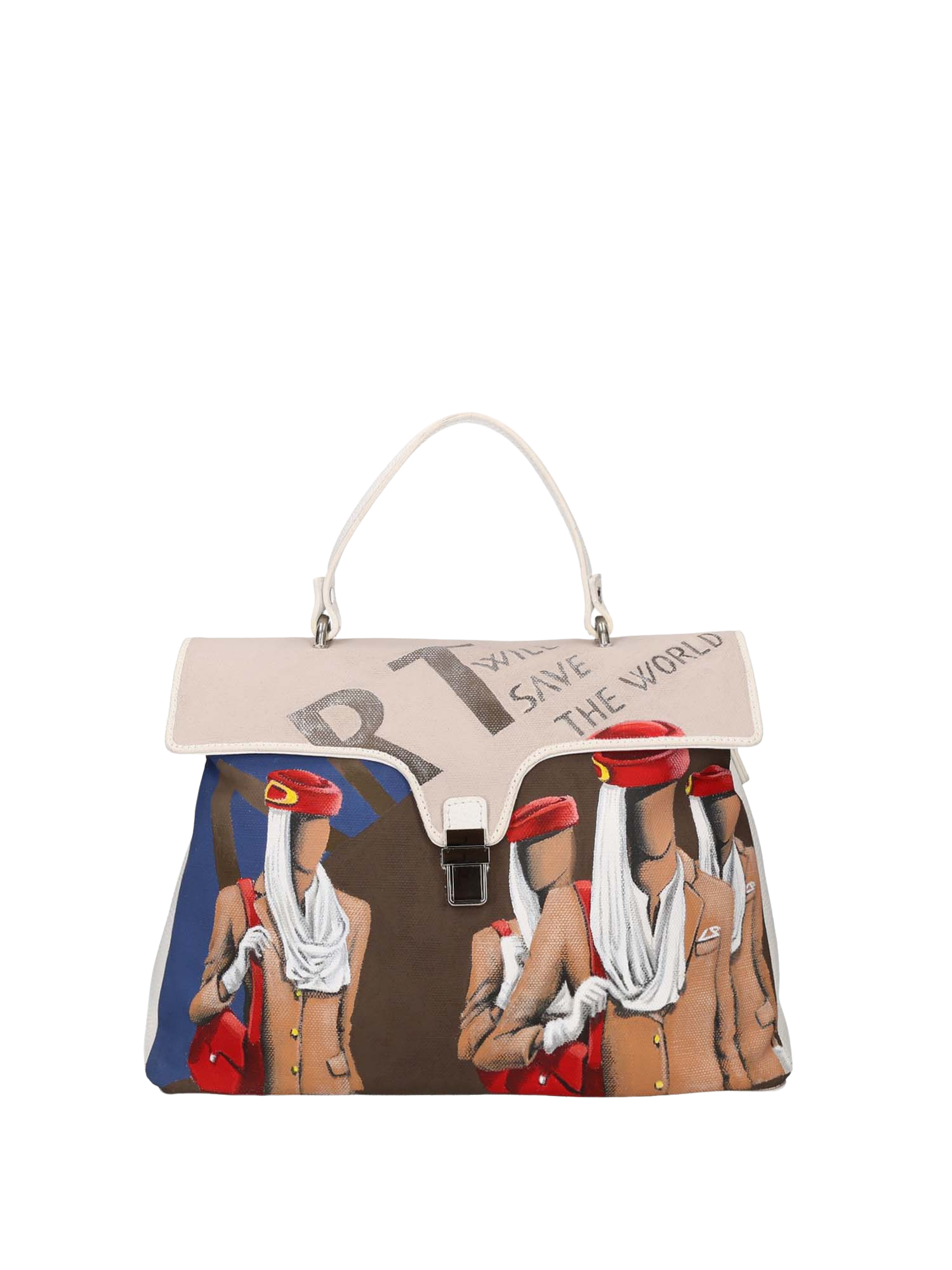 Front hand-painted handbag with red cotton logoed interior, three functional pockets, central zip compartment, nickel-colored hooks, clasps, and zippers, white leather handle, and matching white leather and canvas shoulder strap reflecting the main artwork’s theme, secured with snap closure.