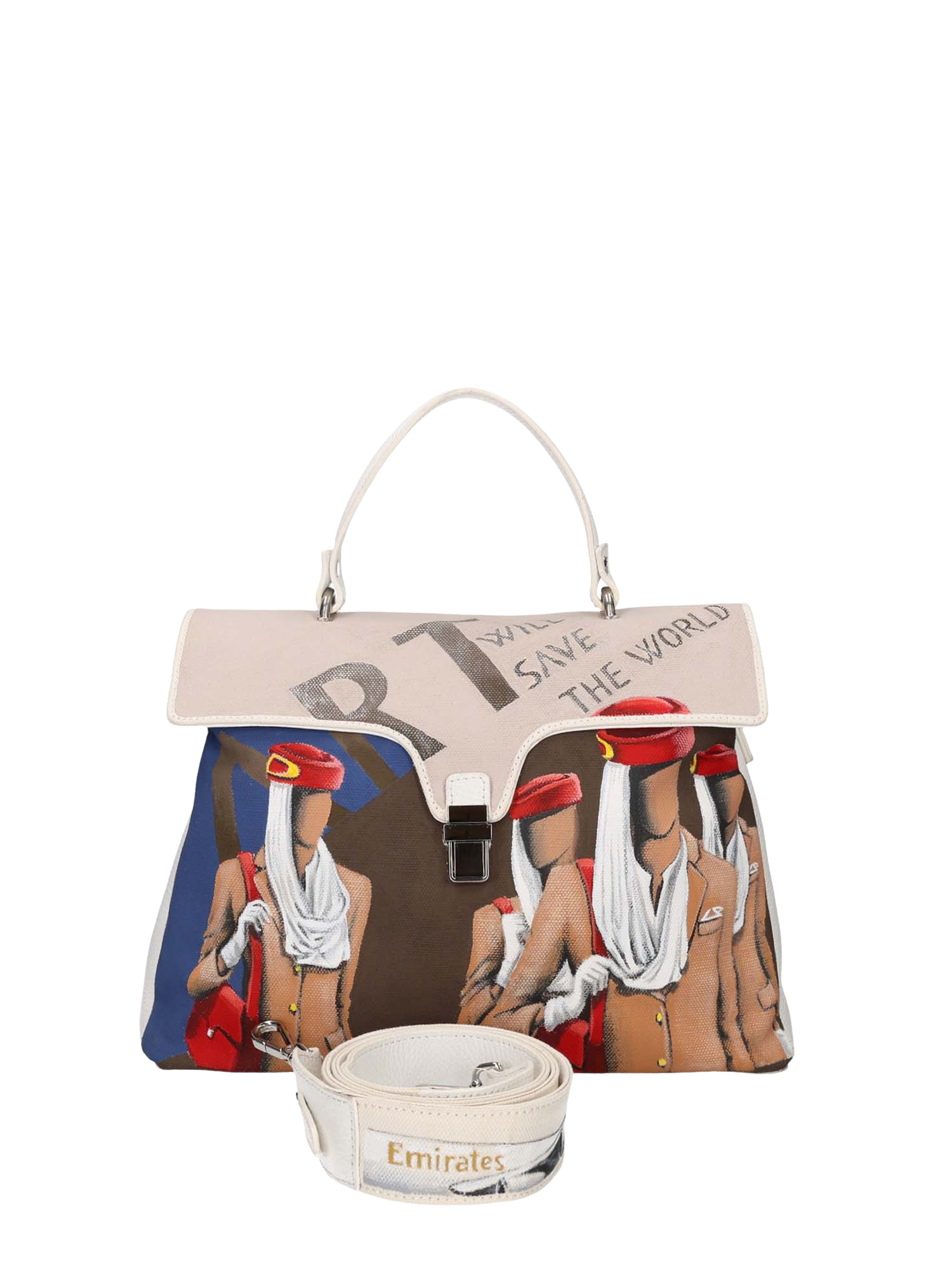 Front hand-painted handbag with red cotton logoed interior, three functional pockets, central zip compartment, nickel-colored hooks, clasps, and zippers, white leather handle, and matching white leather and canvas shoulder strap reflecting the main artwork’s theme, secured with snap closure.