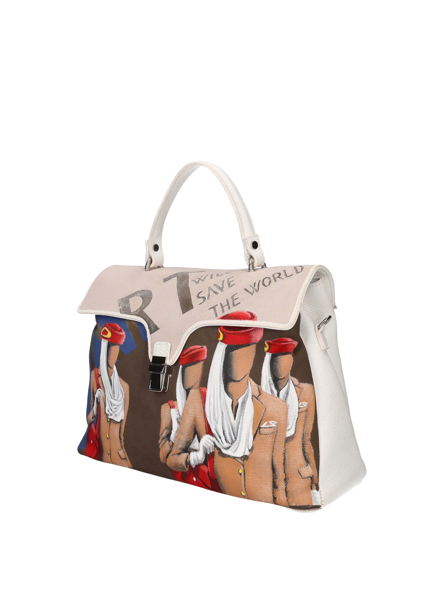 Front hand-painted handbag with red cotton logoed interior, three functional pockets, central zip compartment, nickel-colored hooks, clasps, and zippers, white leather handle, and matching white leather and canvas shoulder strap reflecting the main artwork’s theme, secured with snap closure.