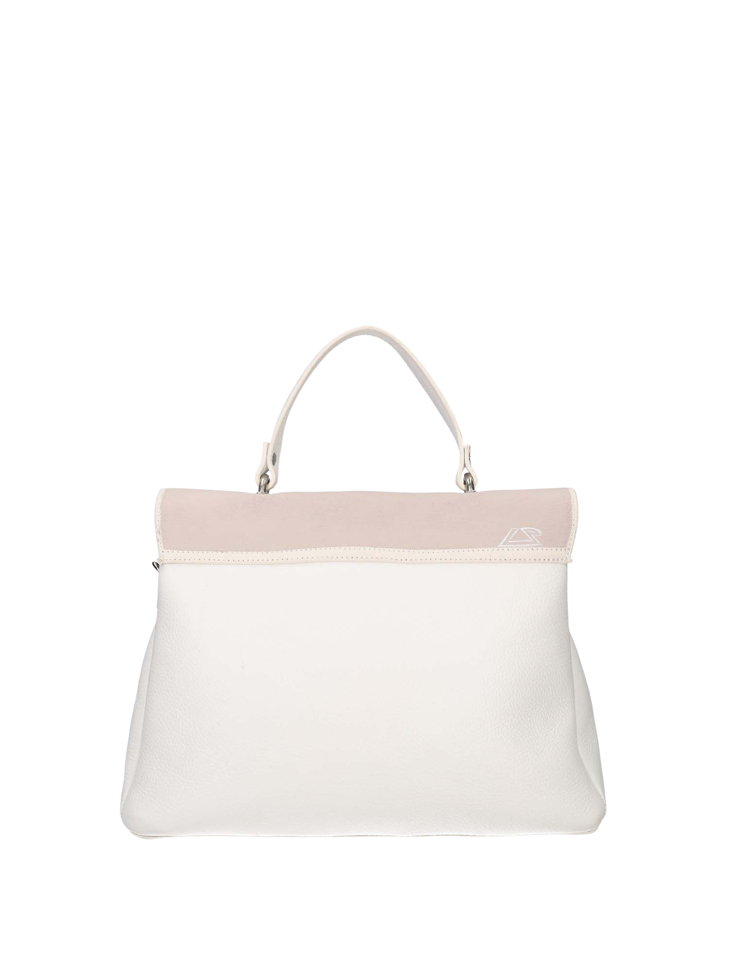 Front hand-painted handbag with red cotton logoed interior, three functional pockets, central zip compartment, nickel-colored hooks, clasps, and zippers, white leather handle, and matching white leather and canvas shoulder strap reflecting the main artwork’s theme, secured with snap closure.