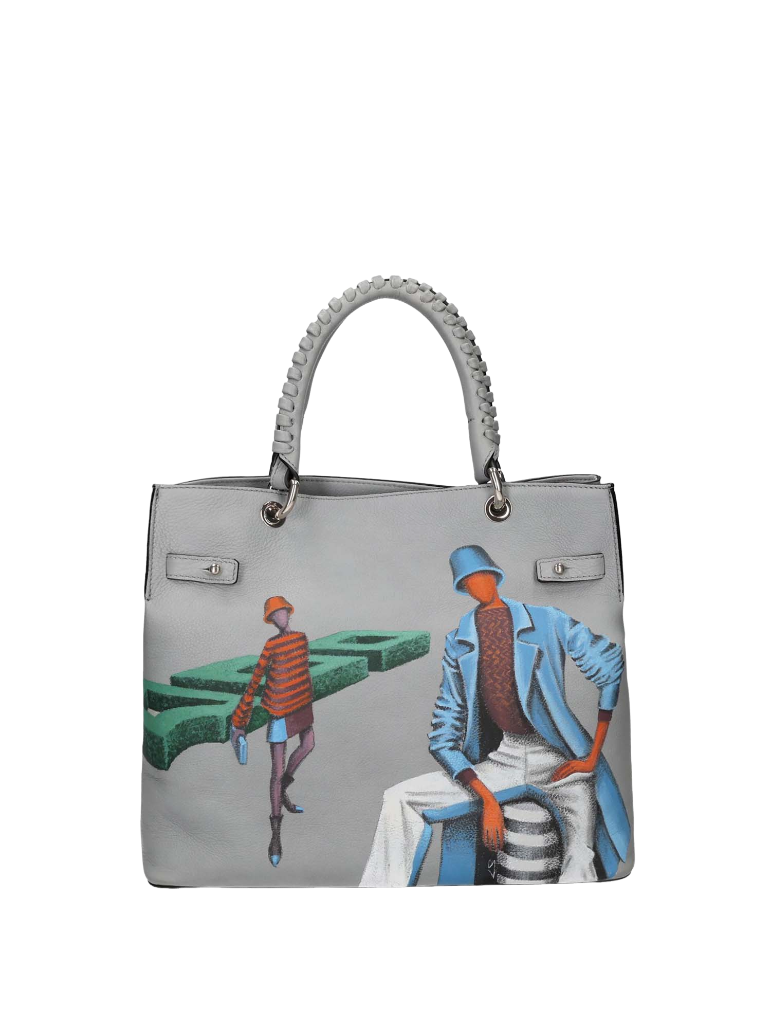 Front hand-painted handbag with beige cotton logoed interior, three functional pockets, central internal zip closure, nickel-colored hooks and zippers, woven handle, and gray-blue shoulder strap.