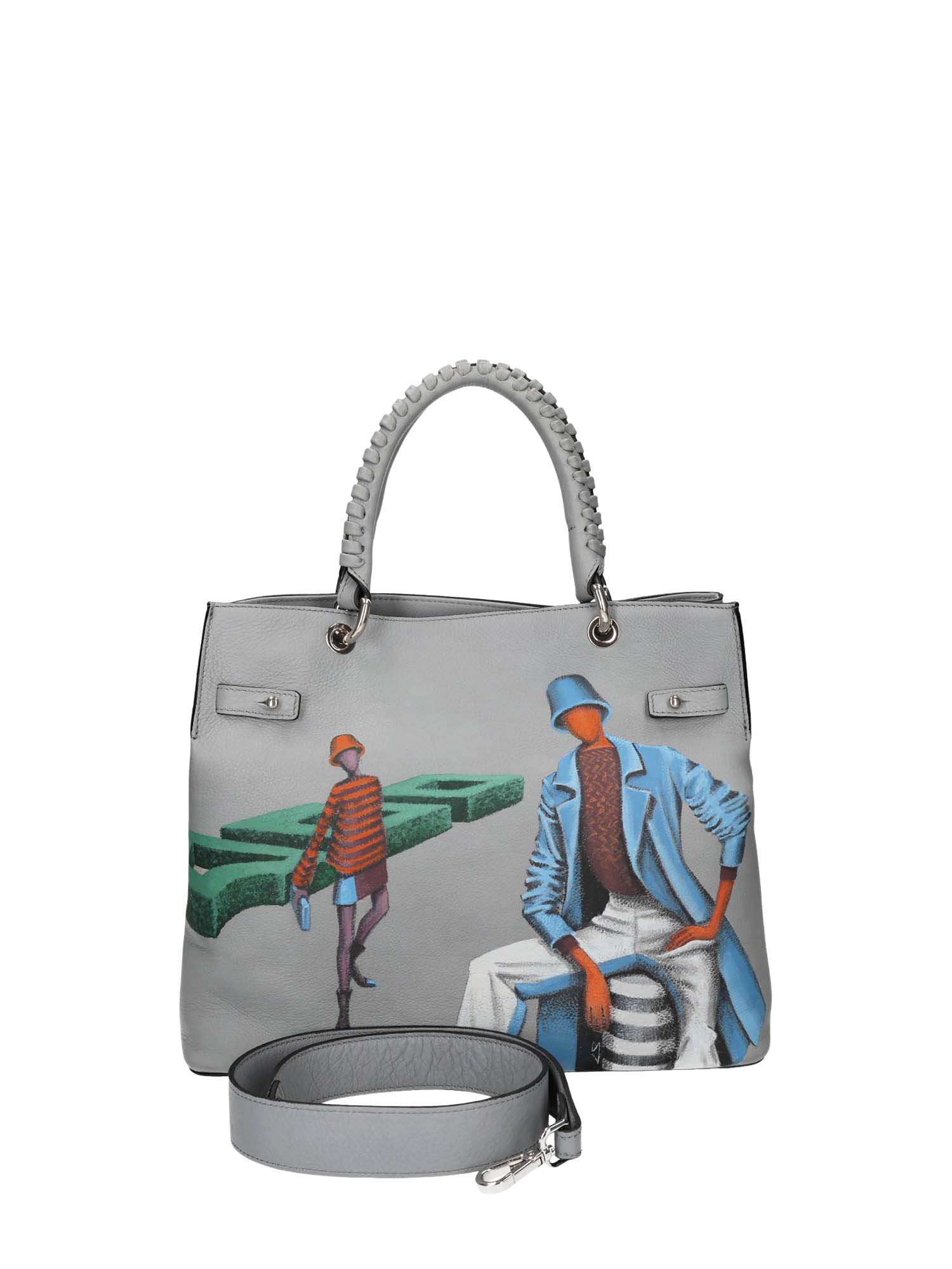 Front hand-painted handbag with beige cotton logoed interior, three functional pockets, central internal zip closure, nickel-colored hooks and zippers, woven handle, and gray-blue shoulder strap.