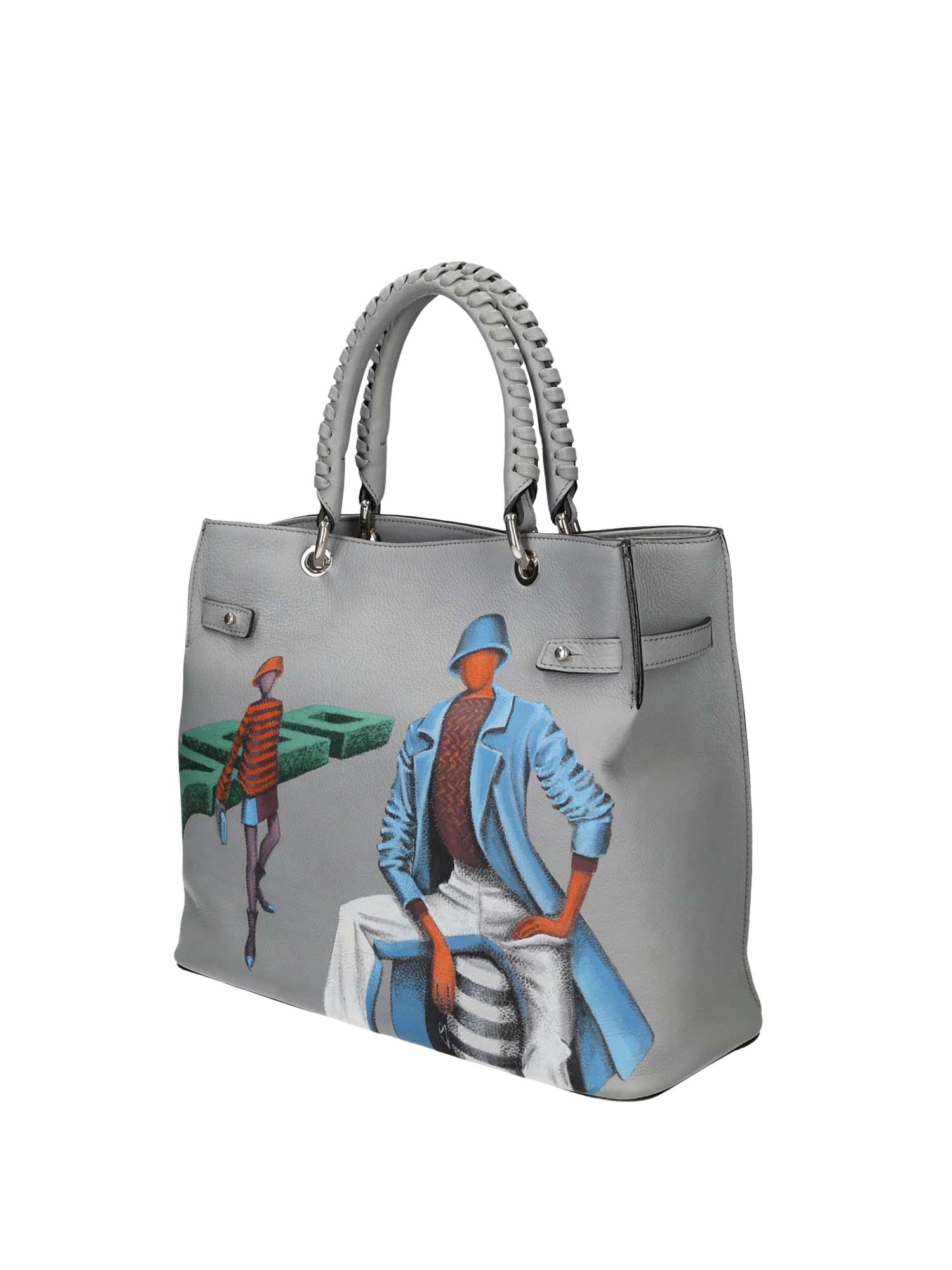 Front hand-painted handbag with beige cotton logoed interior, three functional pockets, central internal zip closure, nickel-colored hooks and zippers, woven handle, and gray-blue shoulder strap.