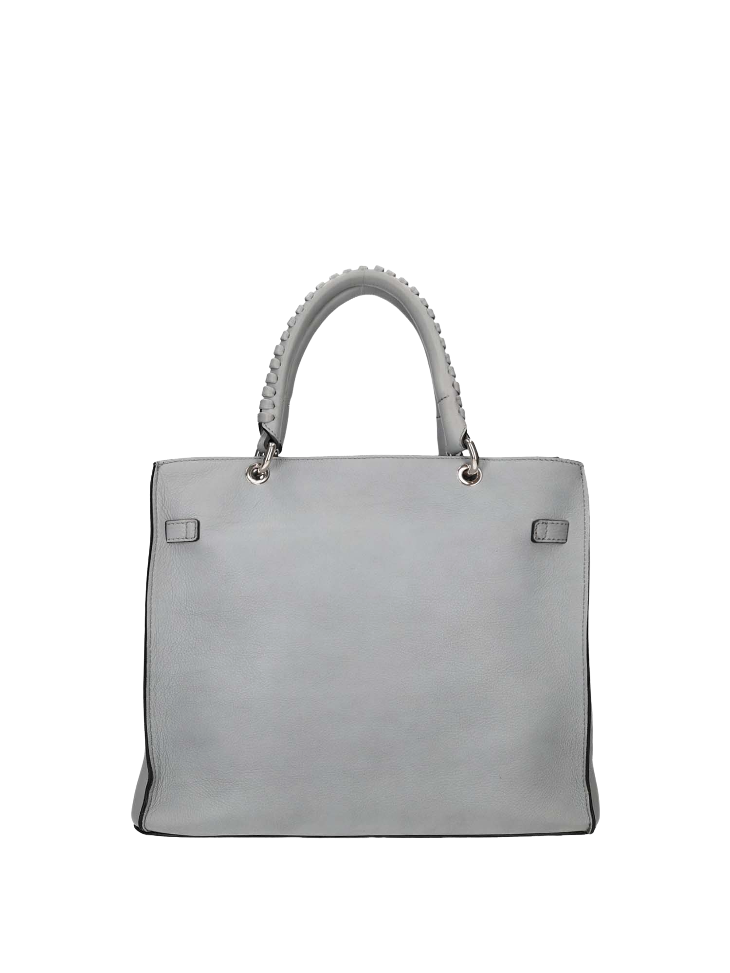 Front hand-painted handbag with beige cotton logoed interior, three functional pockets, central internal zip closure, nickel-colored hooks and zippers, woven handle, and gray-blue shoulder strap.