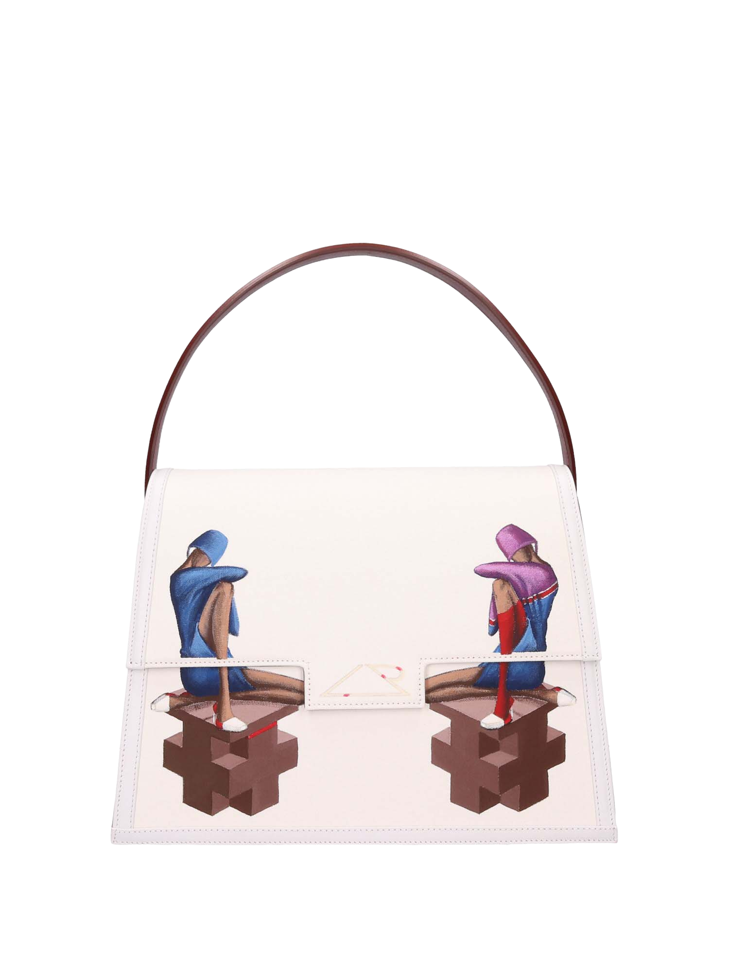 Hand-painted handbag with artwork on both front and back, featuring a red cotton logoed interior with three functional pockets, gold-colored hooks and internal zip, brown leather handle, and secured with a double magnetic button closure.