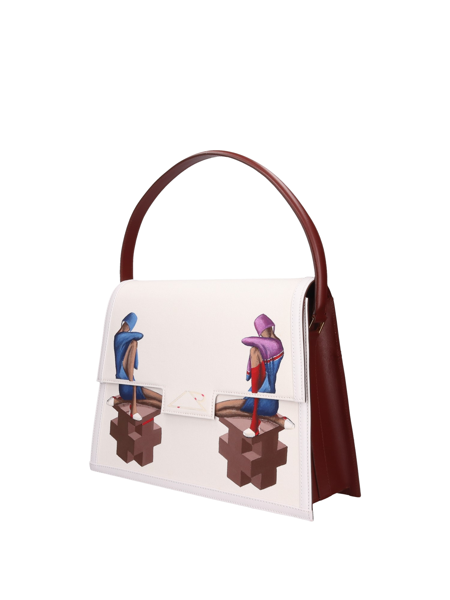 Hand-painted handbag with artwork on both front and back, featuring a red cotton logoed interior with three functional pockets, gold-colored hooks and internal zip, brown leather handle, and secured with a double magnetic button closure.