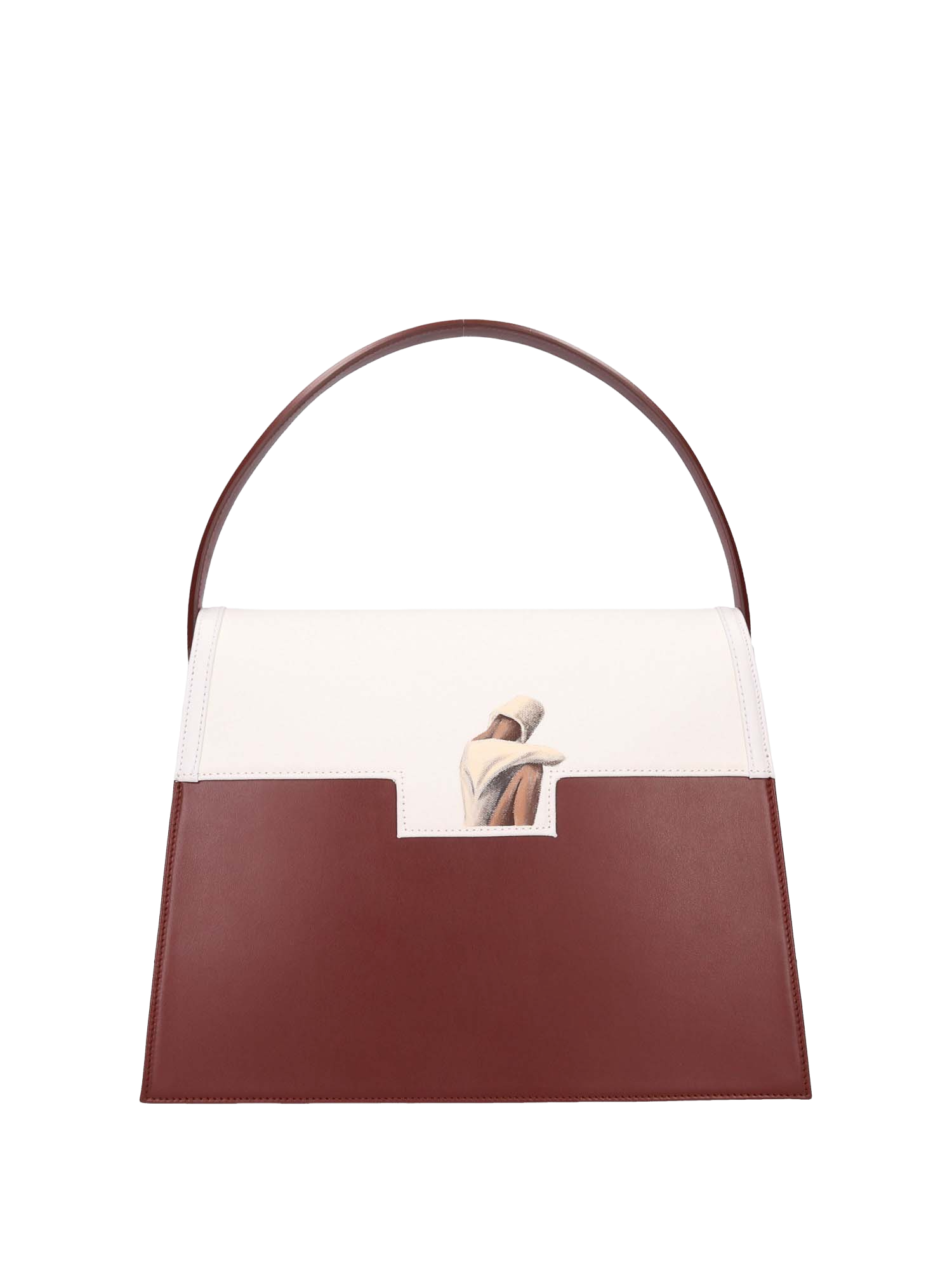 Hand-painted handbag with artwork on both front and back, featuring a red cotton logoed interior with three functional pockets, gold-colored hooks and internal zip, brown leather handle, and secured with a double magnetic button closure.