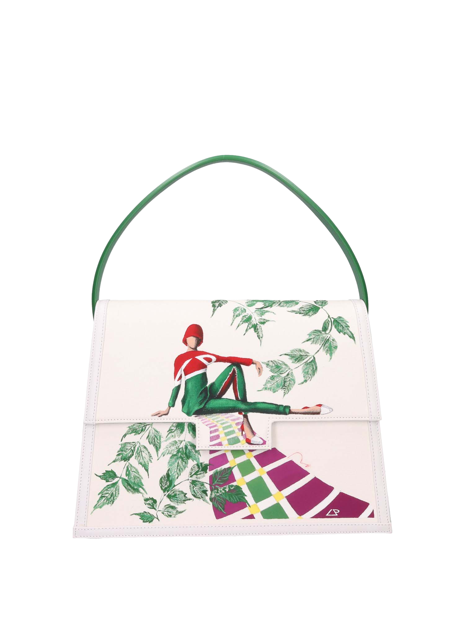 Hand-painted handbag with artwork on both front and back, featuring a red cotton logoed interior with three functional pockets, gold-colored hooks and internal zip, green leather handle, and double magnetic button closure.