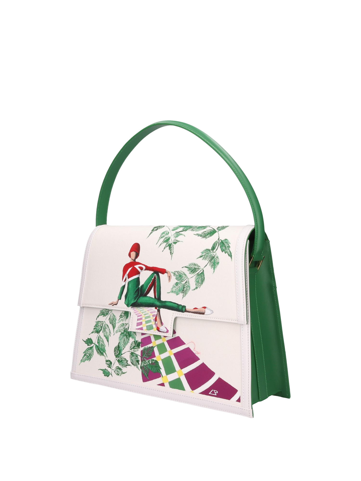 Hand-painted handbag with artwork on both front and back, featuring a red cotton logoed interior with three functional pockets, gold-colored hooks and internal zip, green leather handle, and double magnetic button closure.