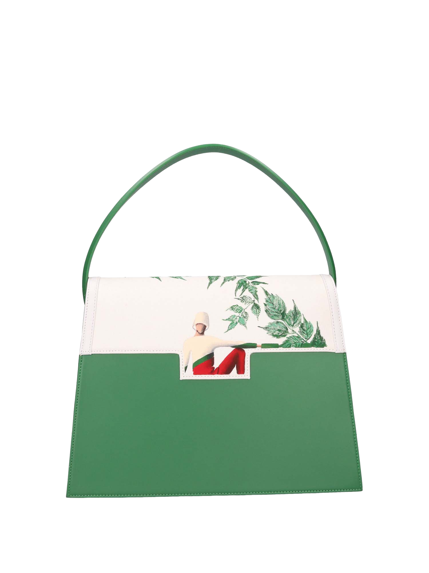Hand-painted handbag with artwork on both front and back, featuring a red cotton logoed interior with three functional pockets, gold-colored hooks and internal zip, green leather handle, and double magnetic button closure.