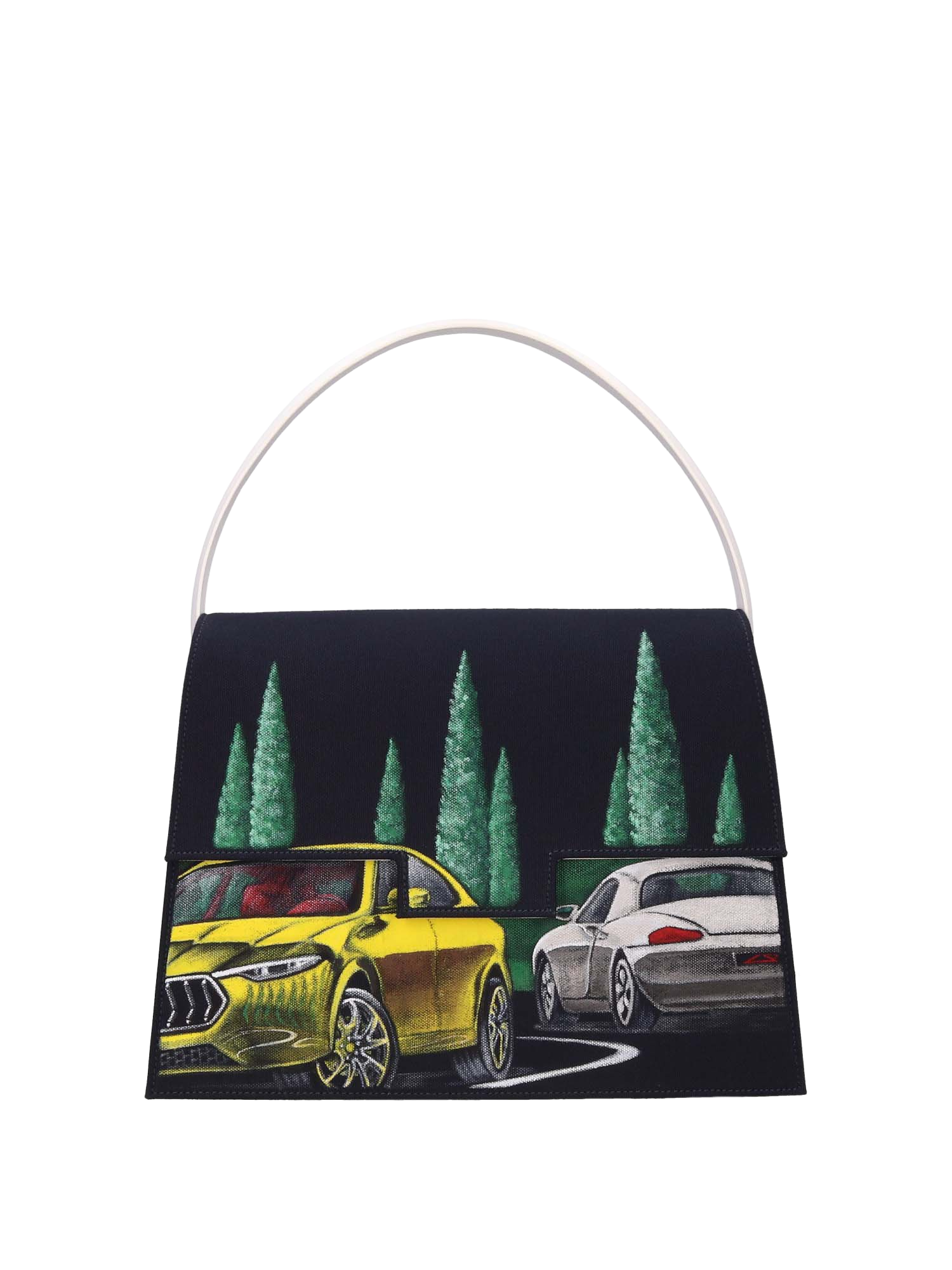 Front hand-painted handbag with red cotton logoed interior featuring three functional pockets, nickel-colored hooks and internal zip, white leather handle, and secured with a double magnetic button closure.