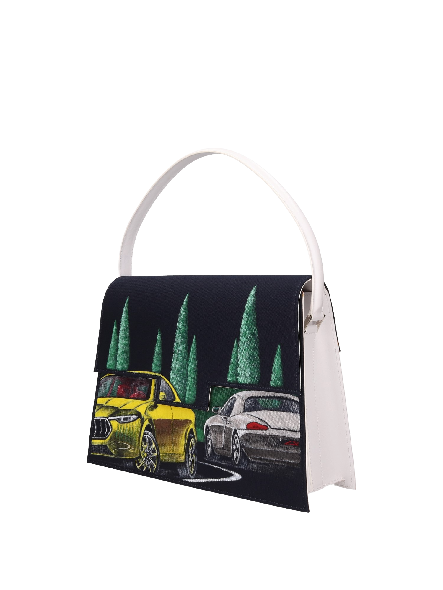 Front hand-painted handbag with red cotton logoed interior featuring three functional pockets, nickel-colored hooks and internal zip, white leather handle, and secured with a double magnetic button closure.