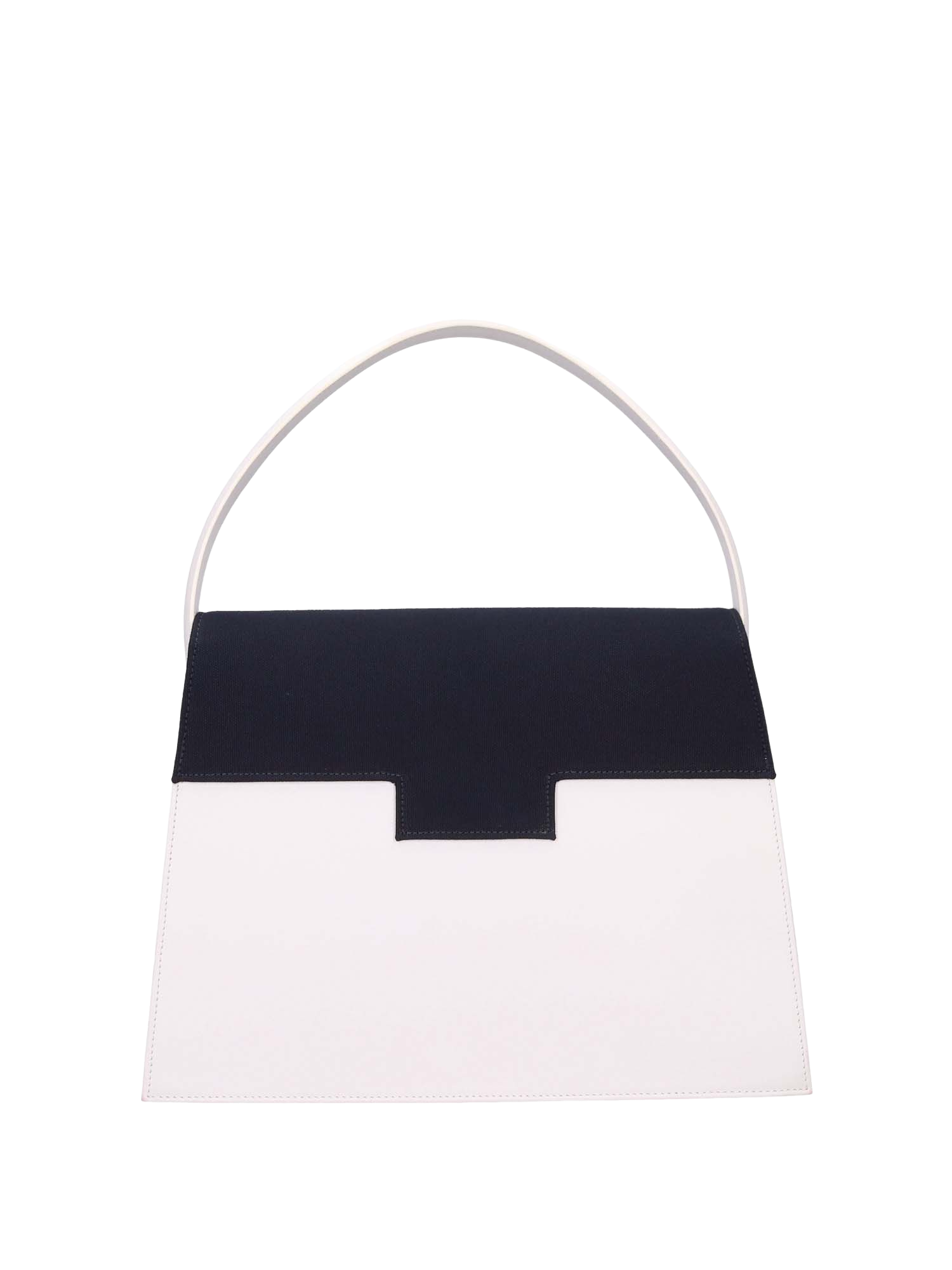 Front hand-painted handbag with red cotton logoed interior featuring three functional pockets, nickel-colored hooks and internal zip, white leather handle, and secured with a double magnetic button closure.